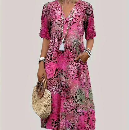 Trendy Animal Print Long Dress - V Neck & Capsule Sleeve