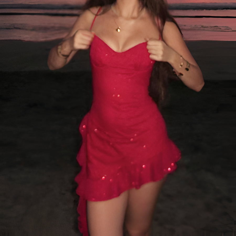 Glittering Embellished Fit Bodycon Dress with Lace Trim
