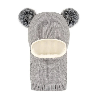 Warm Childrens Snow Face Mask with Double Poms
