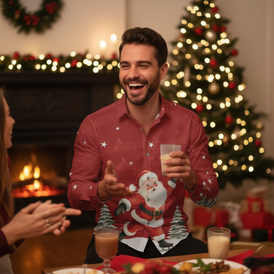 Mens Festive Holiday Long Sleeve Button Down Shirt - Hehif