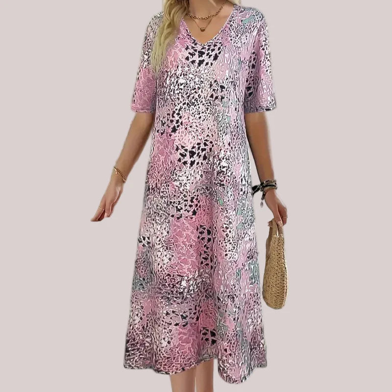 Trendy Animal Print Long Dress - V Neck & Capsule Sleeve