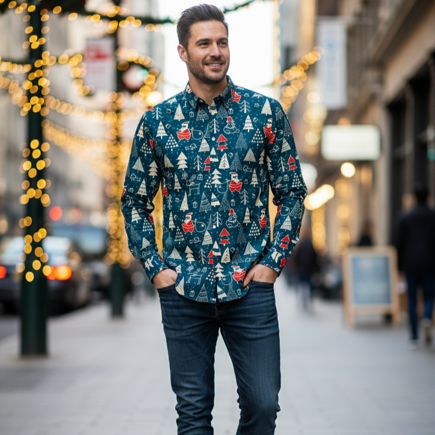 Mens Fun Holiday Dress Shirt with Santa Print - Hehif