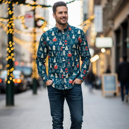 Mens Fun Holiday Dress Shirt with Santa Print - Hehif
