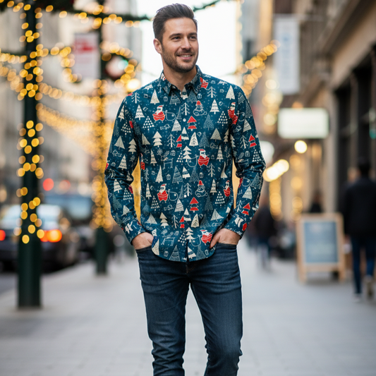 Mens Fun Holiday Dress Shirt with Santa Print - Hehif