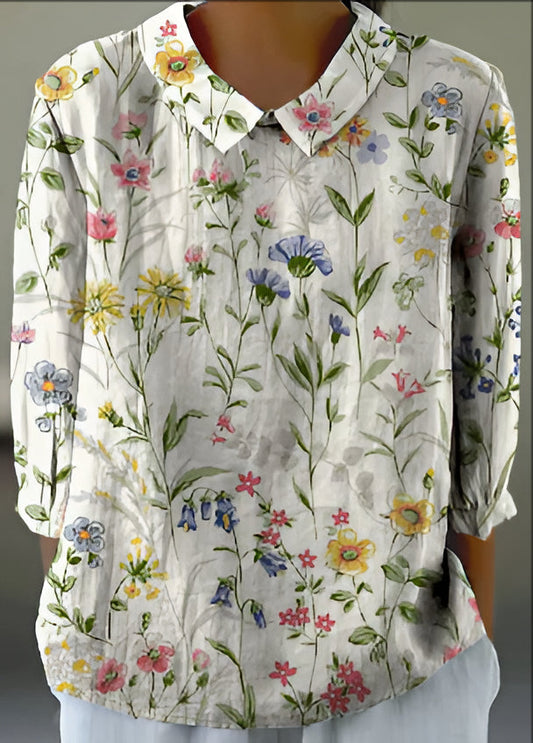 Relaxed Fit Ladies Cotton Blouse with Vintage Floral Pattern - Hehif