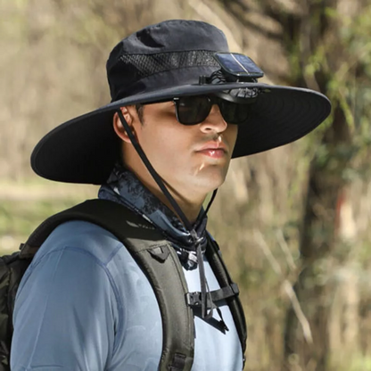 Large Brim Sun Hat with Solar Powered Fan & USB Charge - Hehif