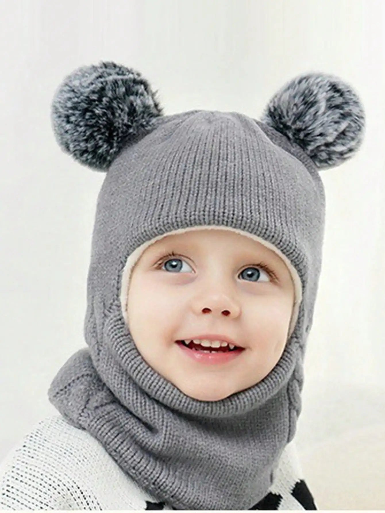 Warm Childrens Snow Face Mask with Double Poms