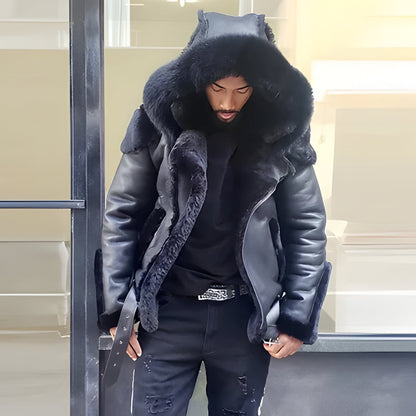 Warm Mens Leather Biker Jacket Fur Hooded Coat - Hehif