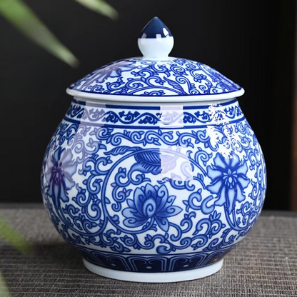 Ceramic White Blue Tea Canister Jar