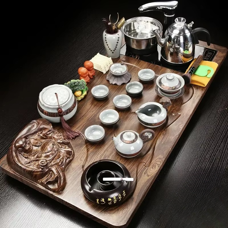 Natural Wooden Tea Server and Purple Clay Martial Tea Set