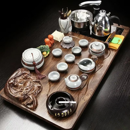 Natural Wooden Tea Server and Purple Clay Martial Tea Set