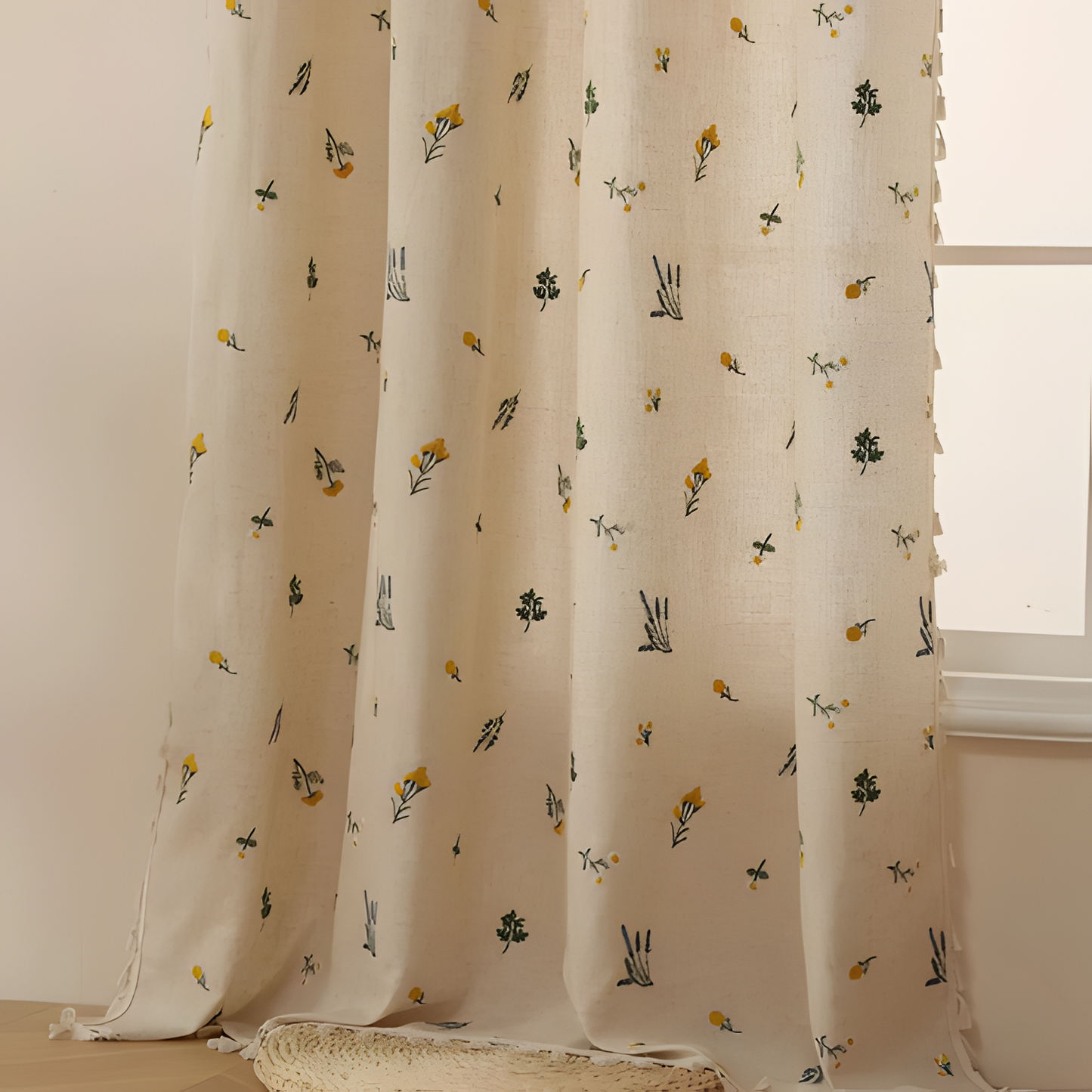 Natural Textile Embroidered Edge Curtain Panel
