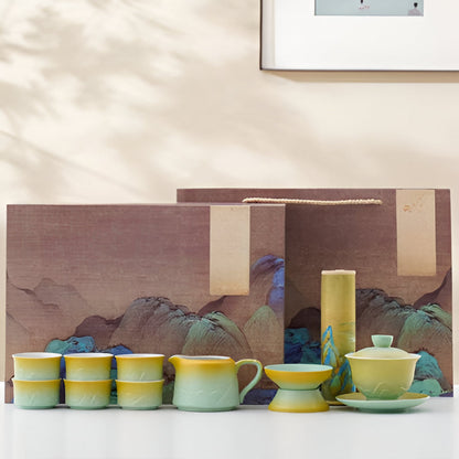 Traditional Asian Ceramic Tea Set with Teapot and Mugs