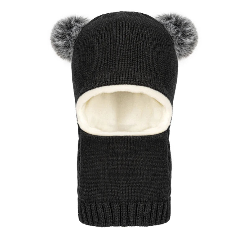 Warm Childrens Snow Face Mask with Double Poms
