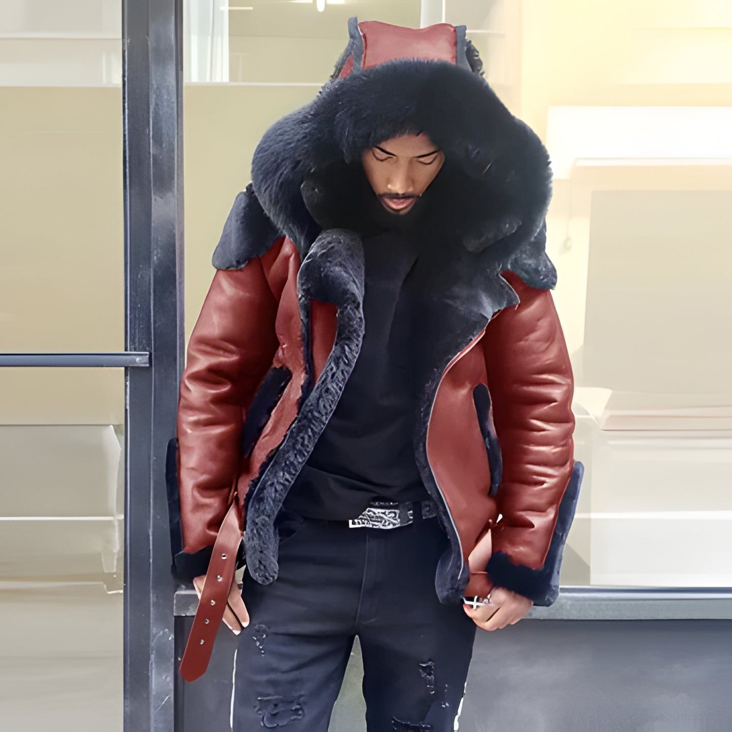 Warm Mens Leather Biker Jacket Fur Hooded Coat