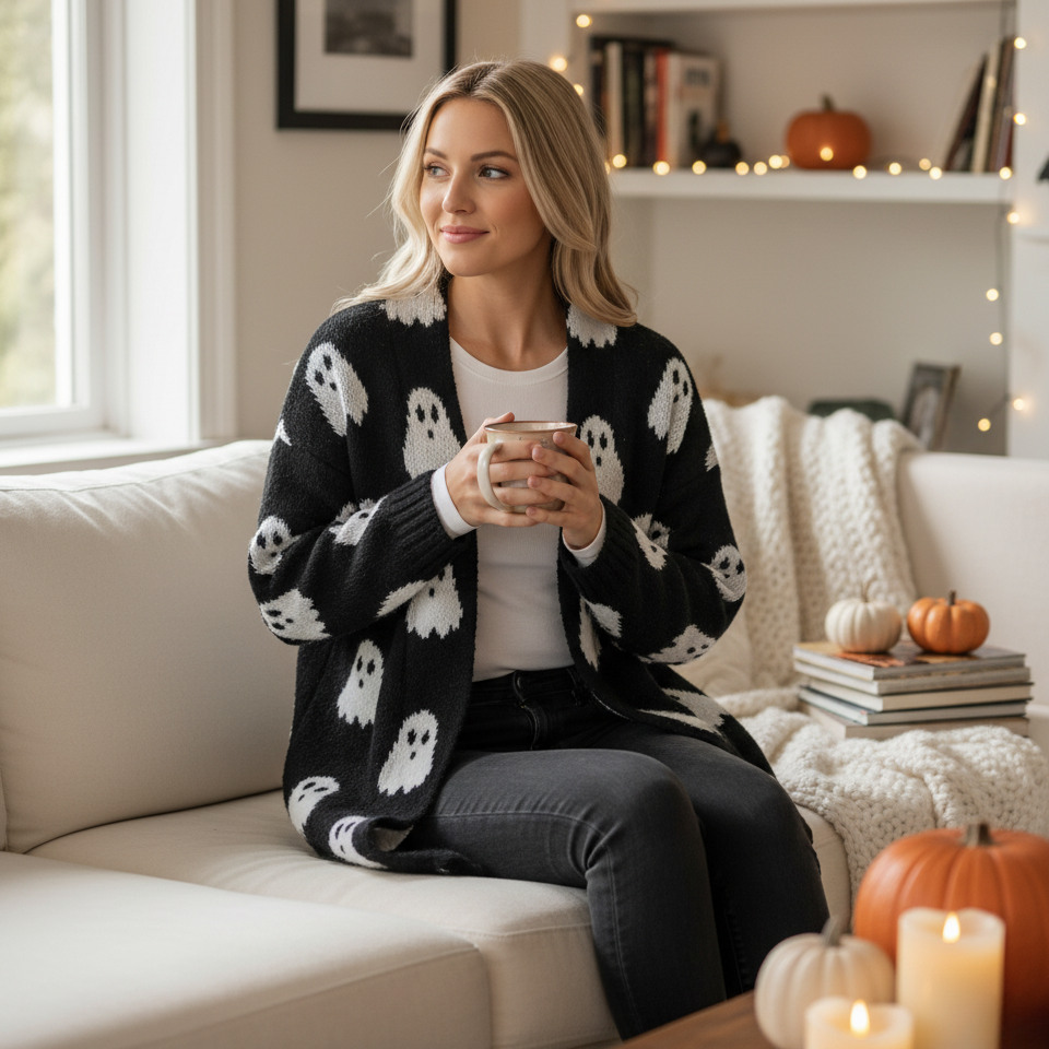 Soft Ghost Design Women's Sweater Cardigan - Hehif