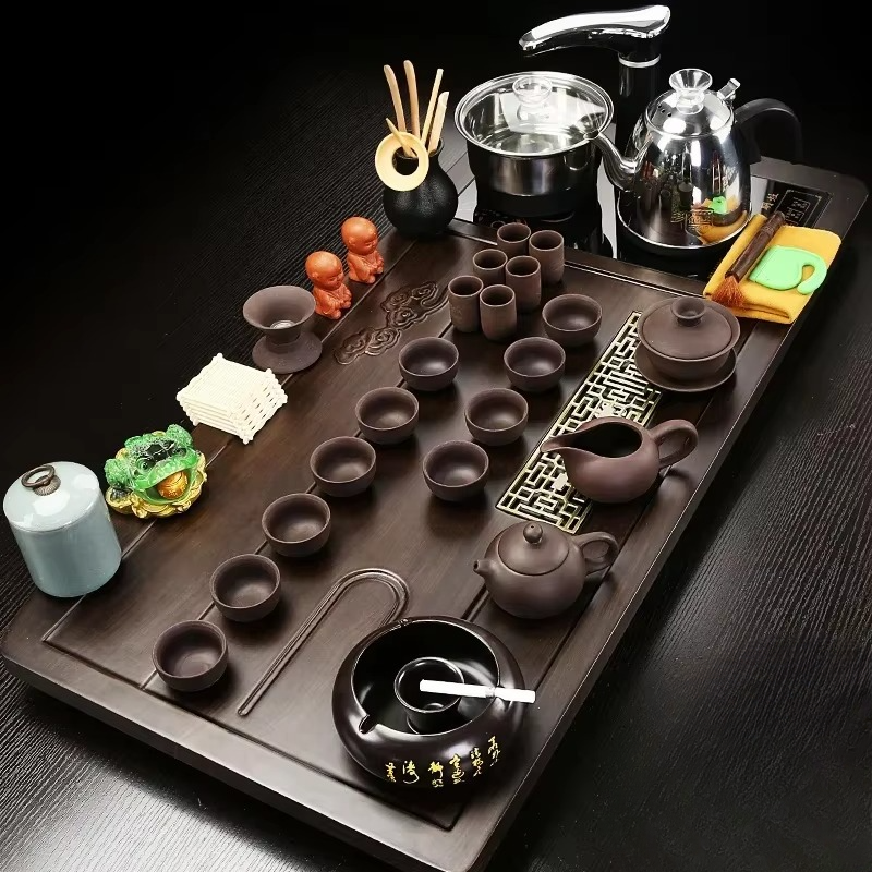 Natural Wooden Tea Server and Purple Clay Martial Tea Set