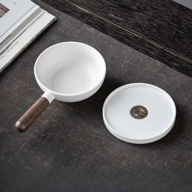 Rustic Wooden Handle Ceramic Tea Infuser with Built-in Strainer