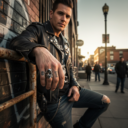 Edgy Skull Men's Ring, Stainless Steel Biker Jewelry - Hehif