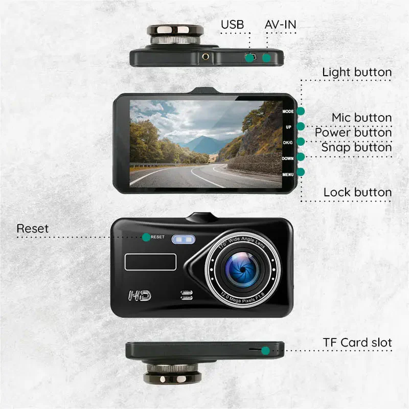 HD Dual Lens Car Dash Camera 1080P Wide View
