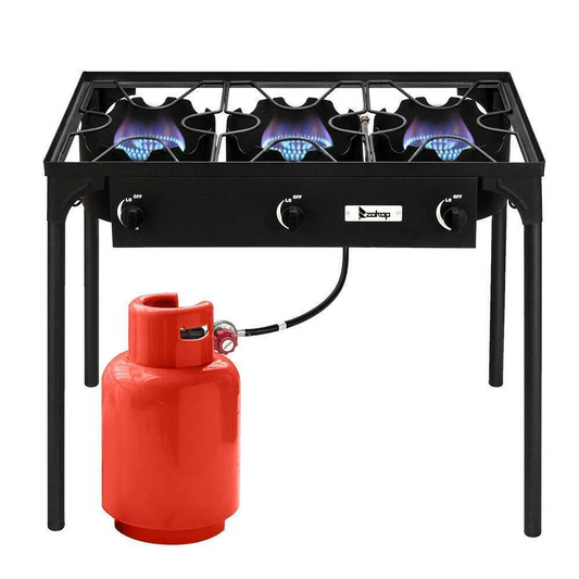 Compact Propane Camping Stove Grill 3 Burner Outdoor Cooker - Hehif