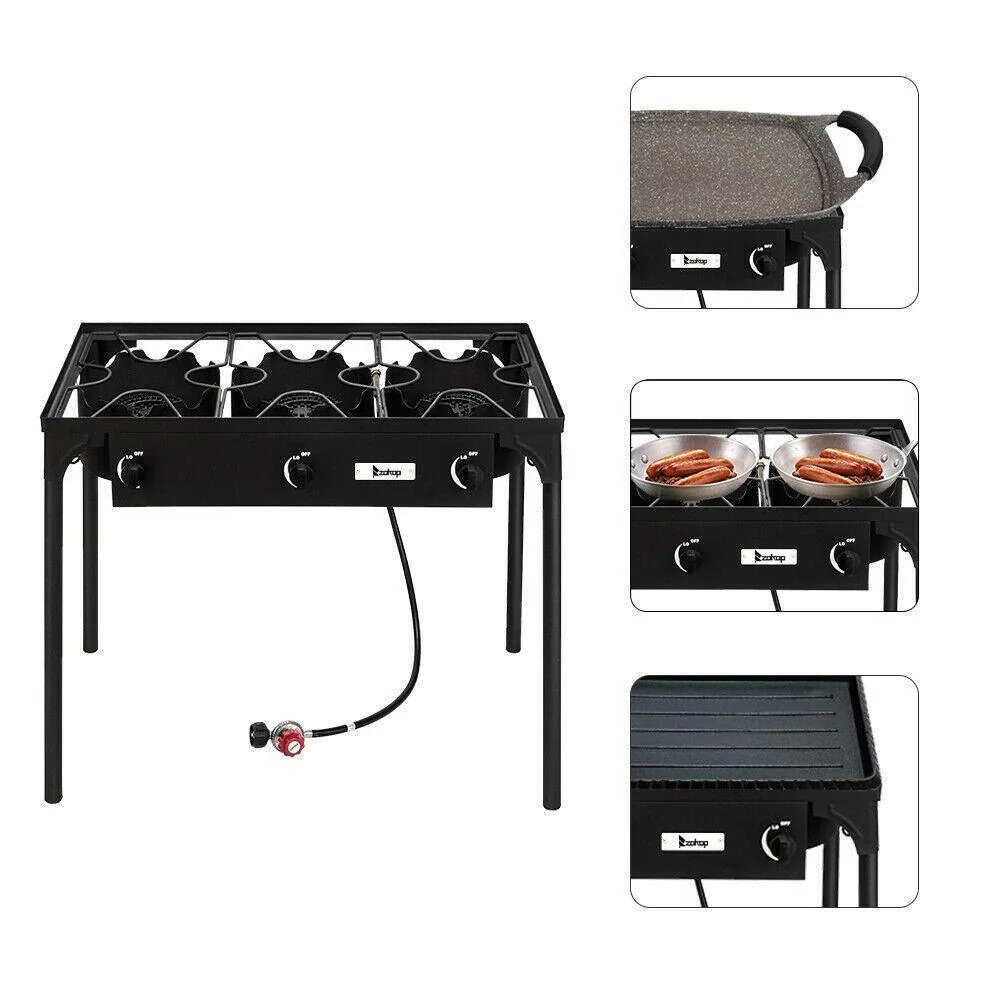 Compact Propane Camping Stove Grill 3 Burner Outdoor Cooker