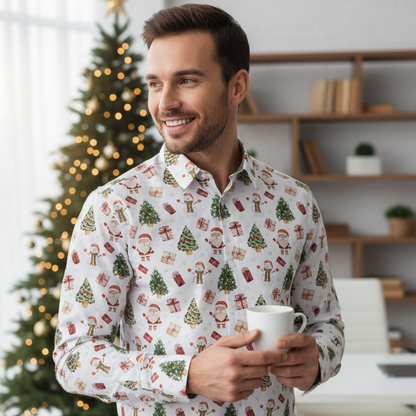 Mens Fun Holiday Dress Shirt with Santa Print