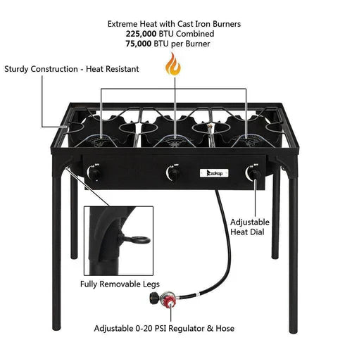 Compact Propane Camping Stove Grill 3 Burner Outdoor Cooker