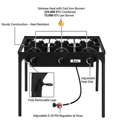 Compact Propane Camping Stove Grill 3 Burner Outdoor Cooker