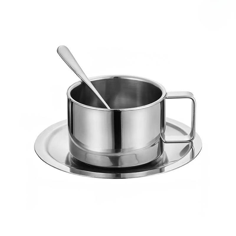 Insulated Metal Coffee Mug Set with Saucer and Utensil