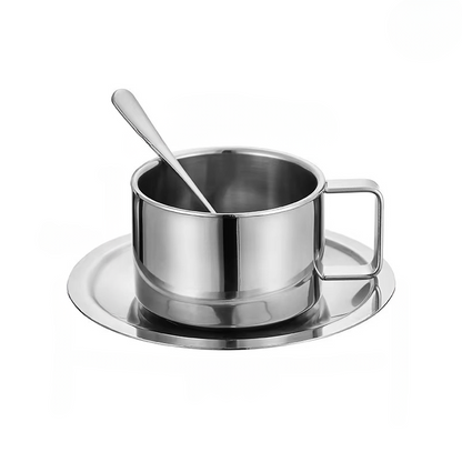 Insulated Metal Coffee Mug Set with Saucer and Utensil