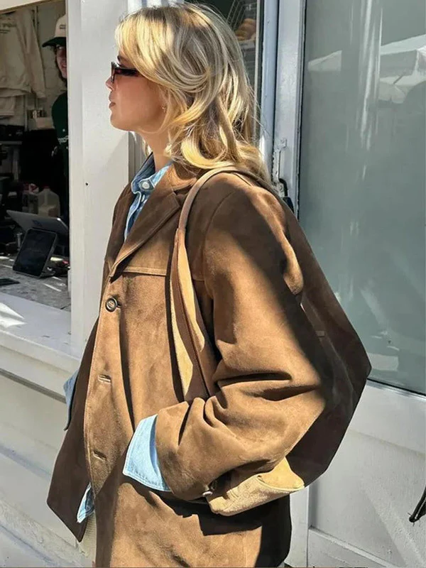 Classic Tan Leather Blazer - Hehif