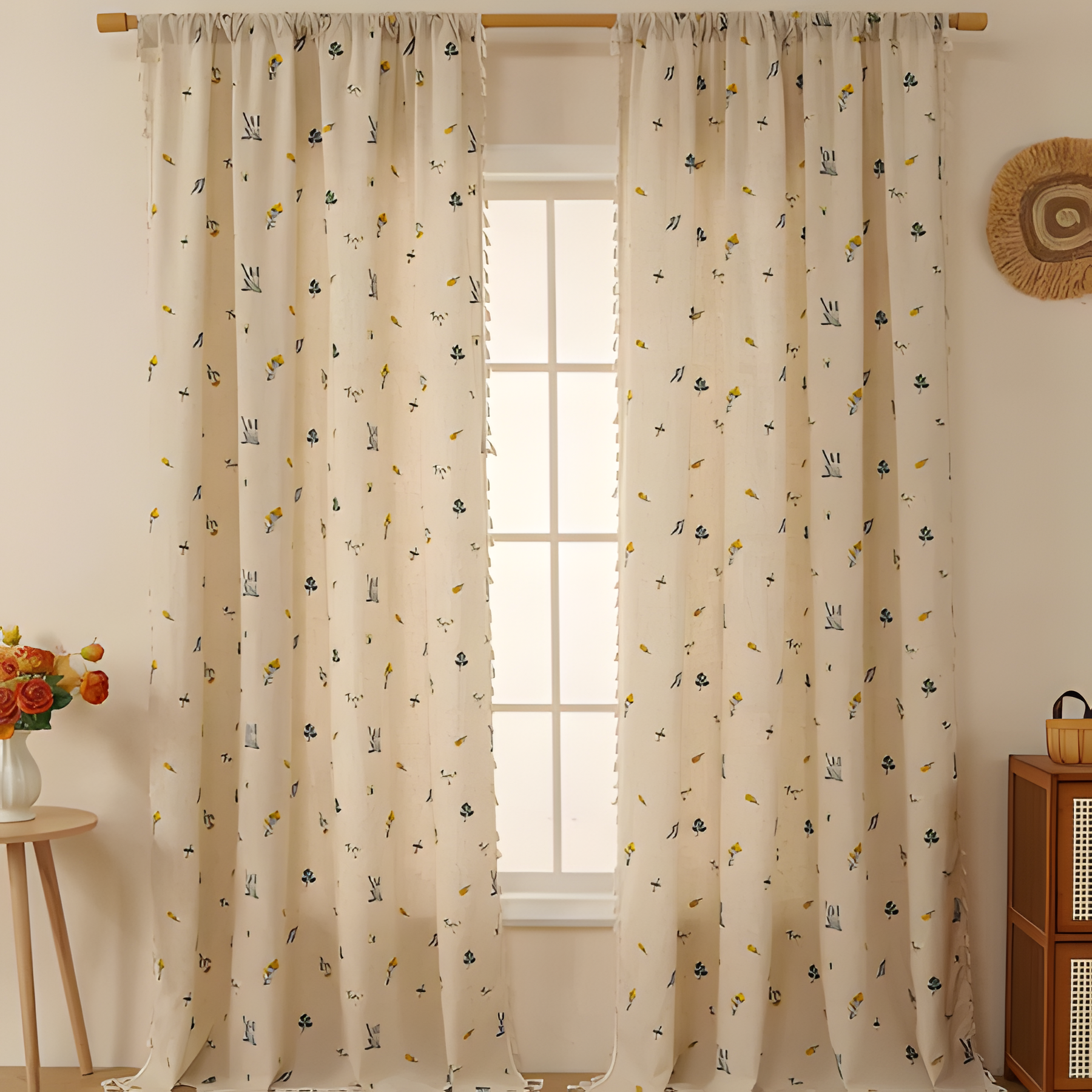 Natural Textile Embroidered Edge Curtain Panel - Hehif