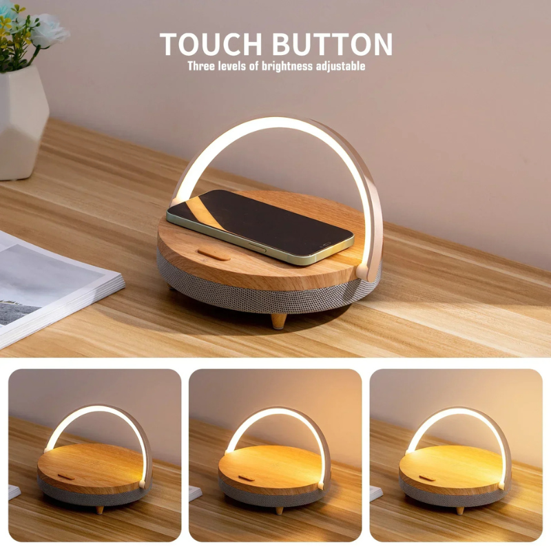 Smart Wood Desk Lamp with Bluetooth Speaker & USB Charger