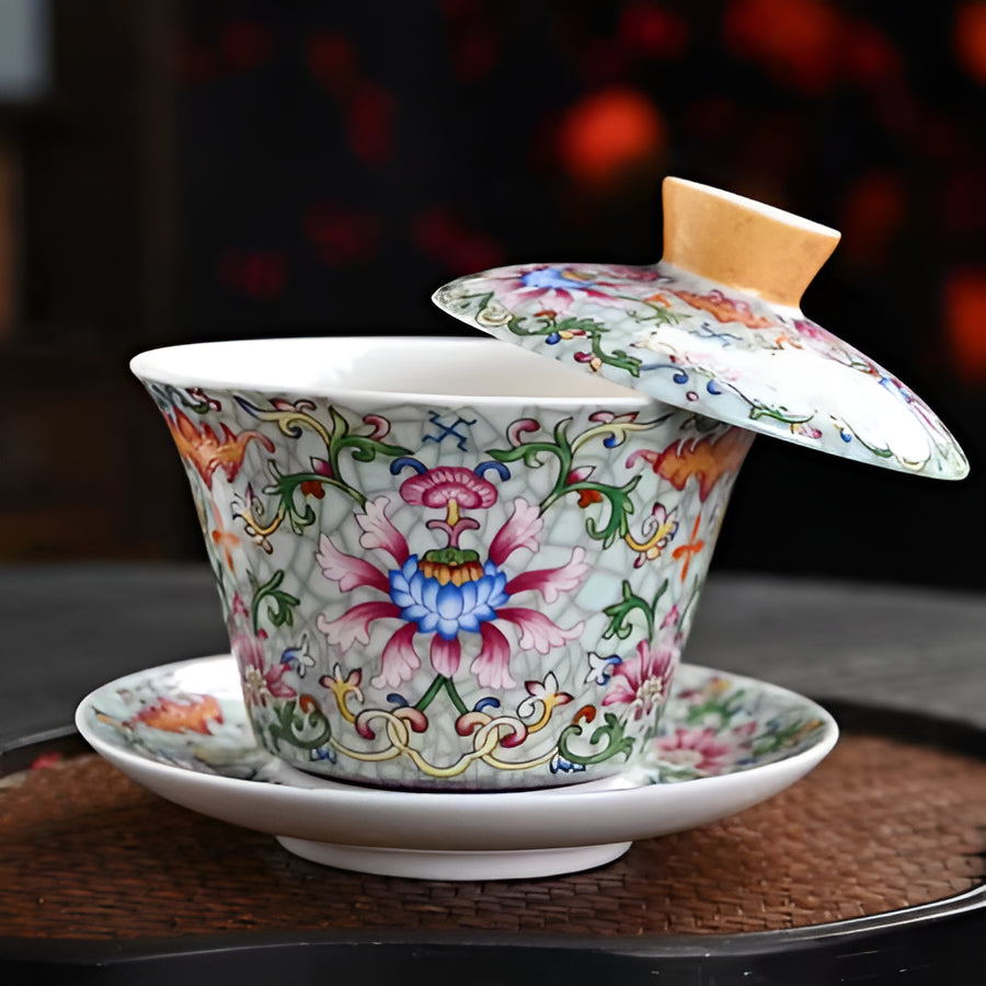 Delicate Blue Floral Porcelain Tea Cup Set with Gold Top