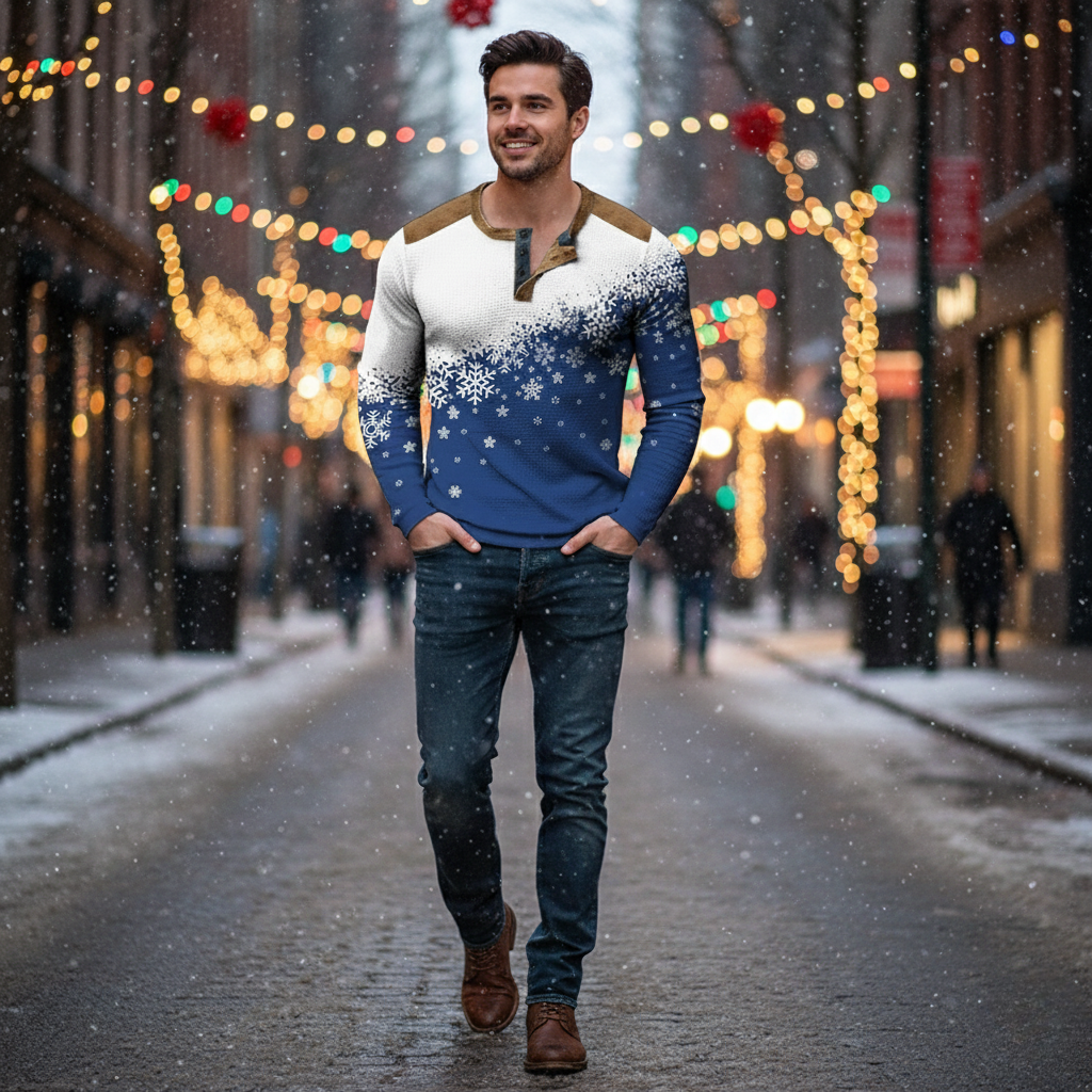 Festive Winter Snow 3D Graphic Mens Henley Shirt