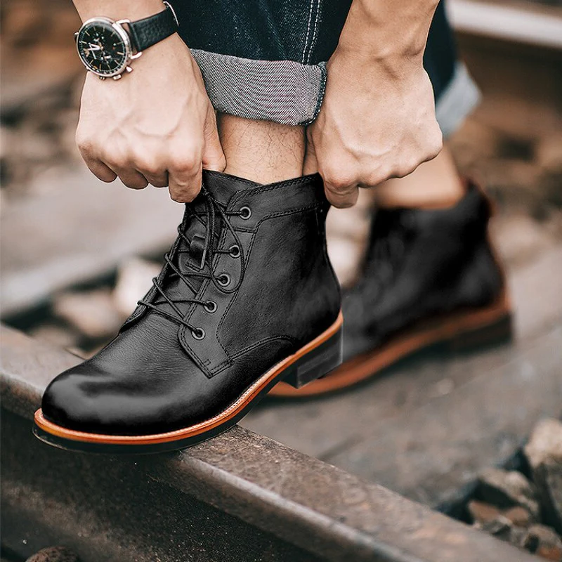 Comfortable Men's Leather Ankle Boots - Hehif