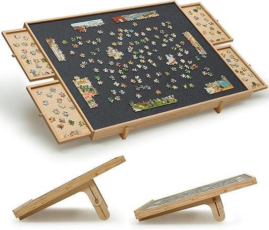 Large Wooden Jigsaw Table with Storage and Adjustable Stand - Hehif