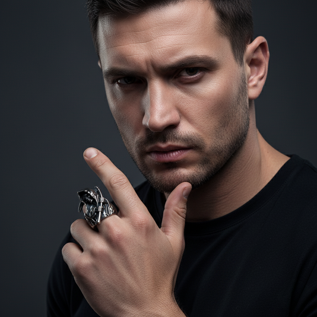 Edgy Skull Men's Ring, Stainless Steel Biker Jewelry