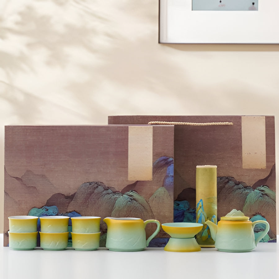 Traditional Asian Ceramic Tea Set with Teapot and Mugs - Hehif