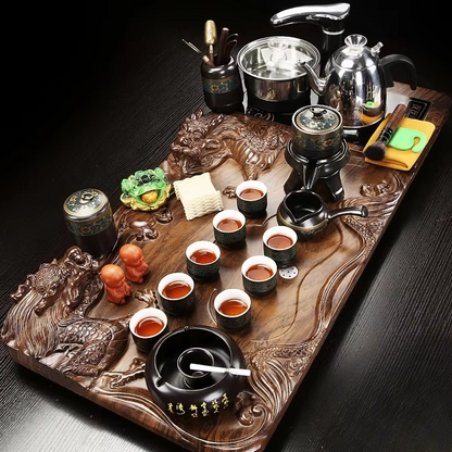 Natural Wooden Tea Server and Purple Clay Martial Tea Set