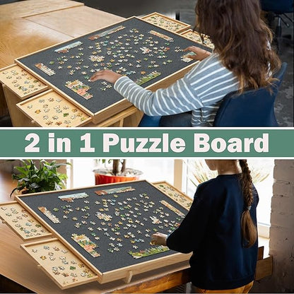 Large Wooden Jigsaw Table with Storage and Adjustable Stand