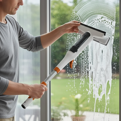 Easy Clean Window Scrubber with Long Handle and Spray