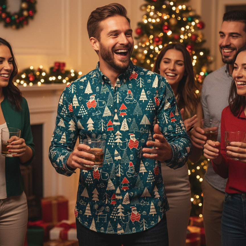 Mens Festive Santa Reindeer Dress Shirt