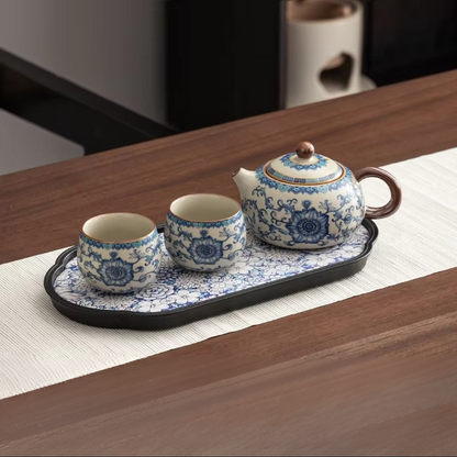 Traditional Chinese Tea Set for Two with Wooden Tray