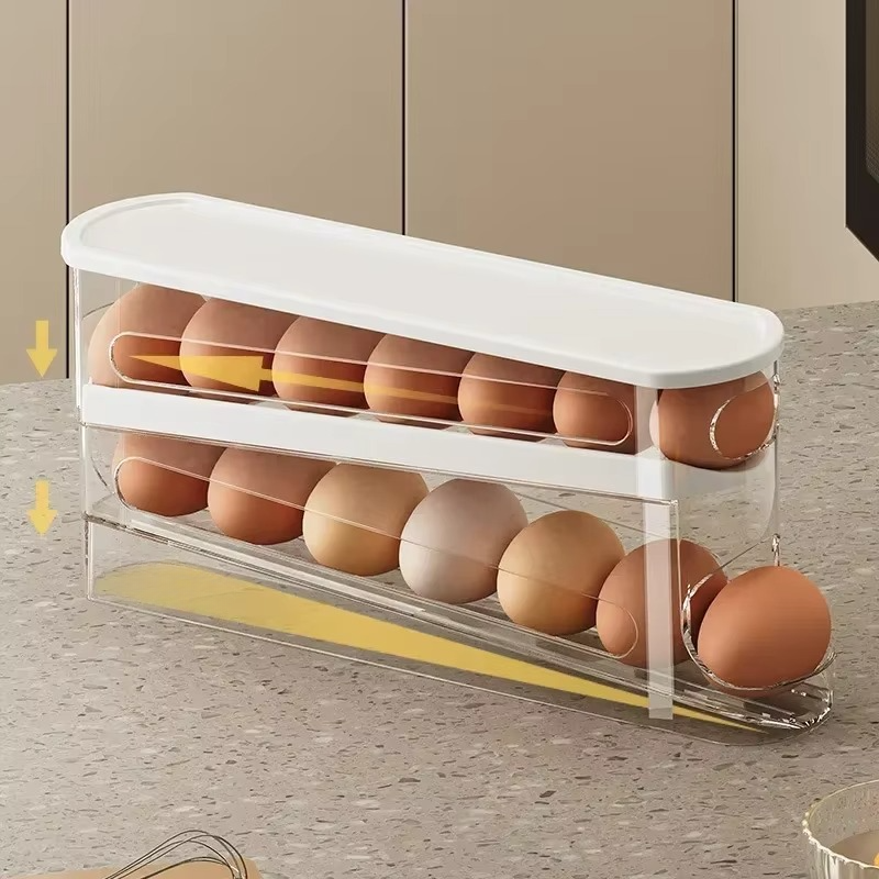 Easy Roll Egg Holder for Fridge, Double Layer Storage