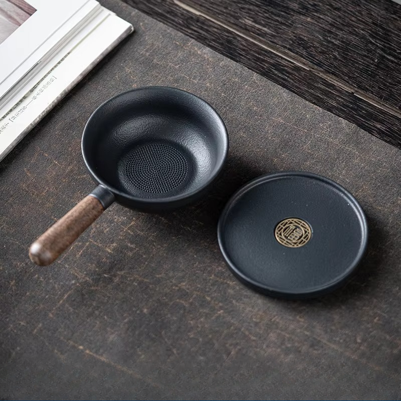 Rustic Wooden Handle Ceramic Tea Infuser with Built-in Strainer