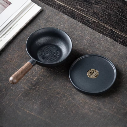 Rustic Wooden Handle Ceramic Tea Infuser with Built-in Strainer