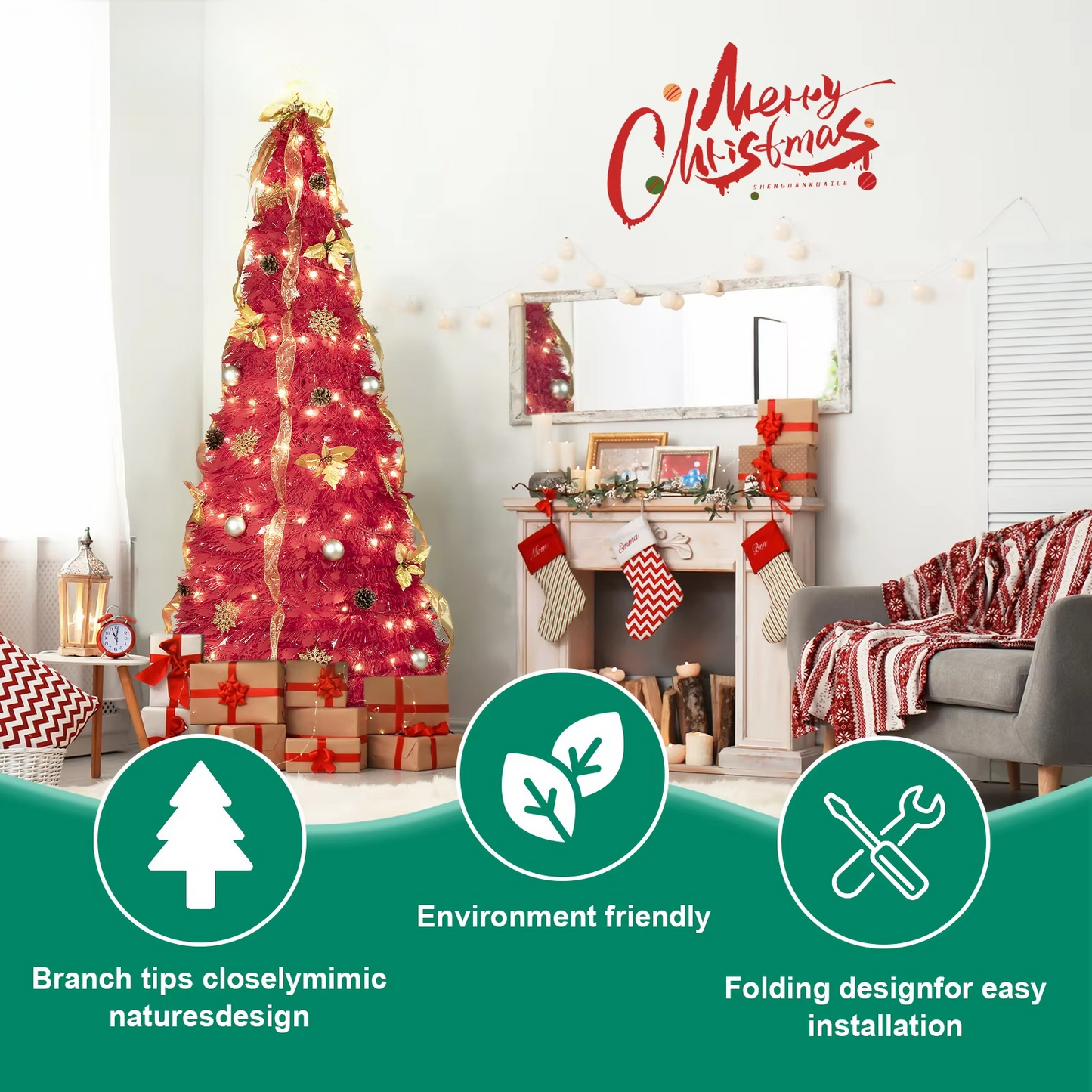 Easy Setup 6FT Pre Lit Christmas Tree with Decorations