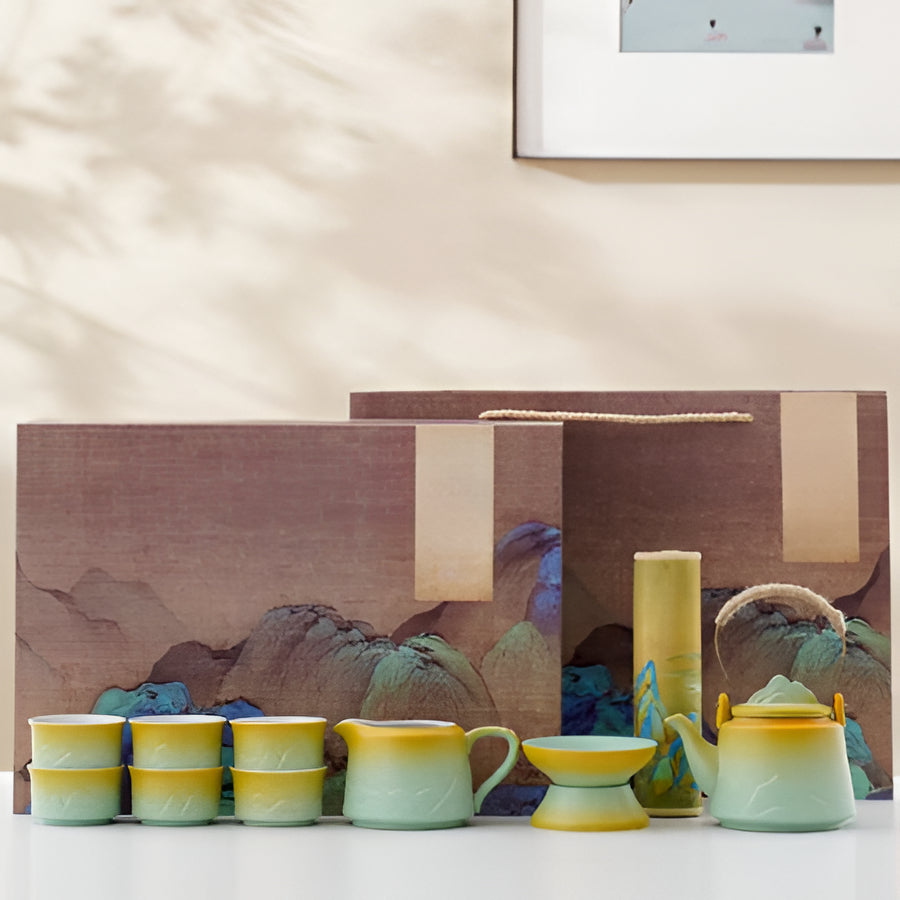 Traditional Asian Ceramic Tea Set with Teapot and Mugs